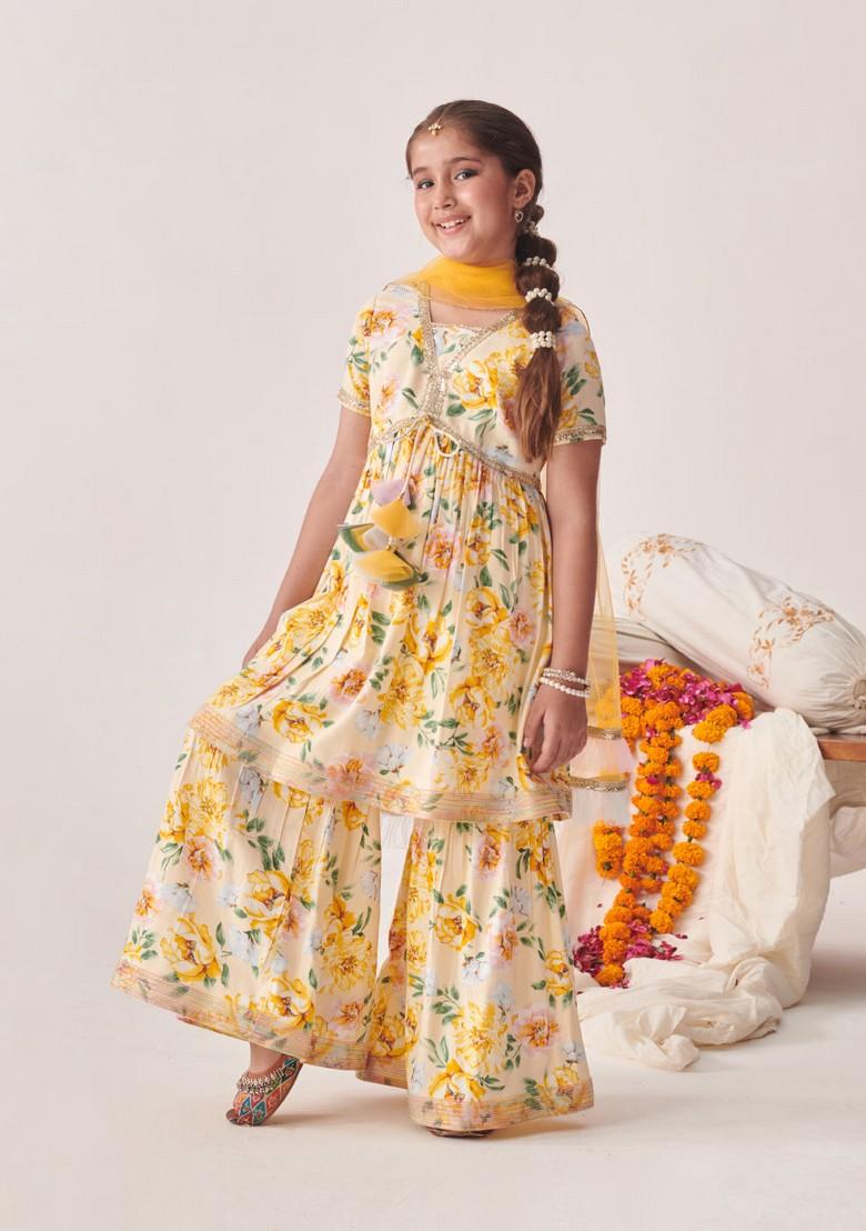 Off White Printed Kurta With Sharara And Dupatta (Set of 3) - Indya