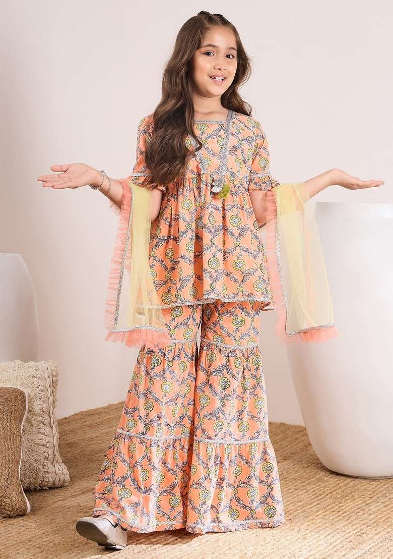 Orange Printed Kurta With Sharara And Dupatta (Set of 3) - Indya