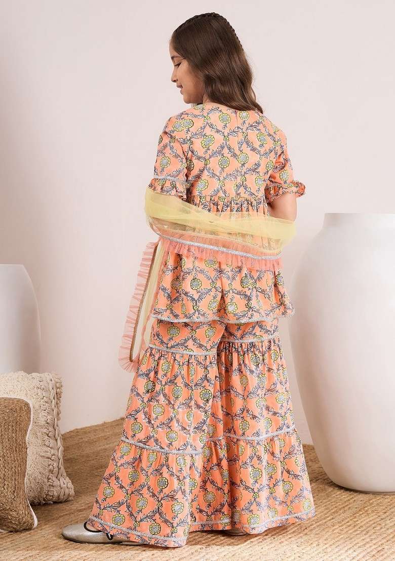 Orange Printed Kurta With Sharara And Dupatta (Set of 3) - Indya