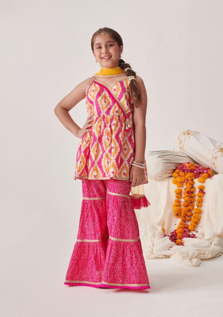 Orange Printed Kurta With Sharara And Dupatta (Set of 3)