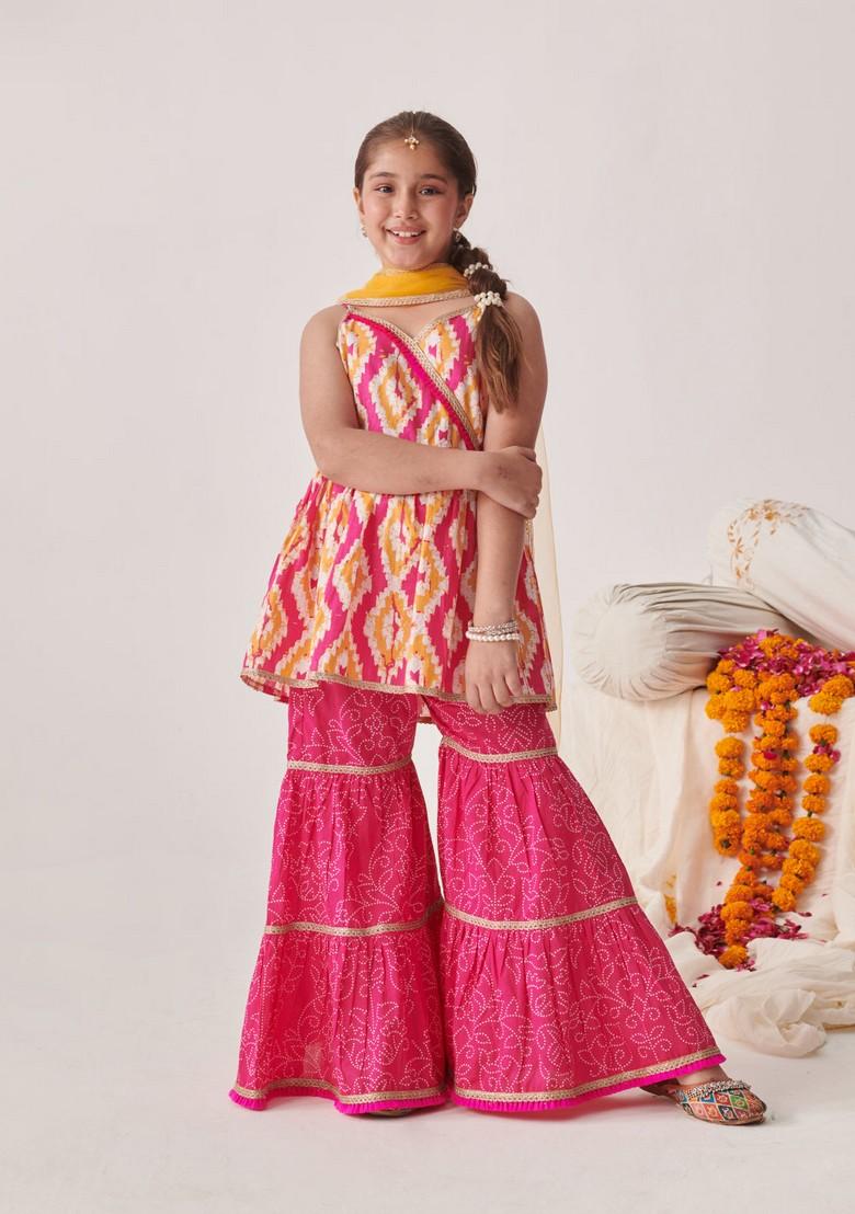 Orange Printed Kurta With Sharara And Dupatta (Set of 3)