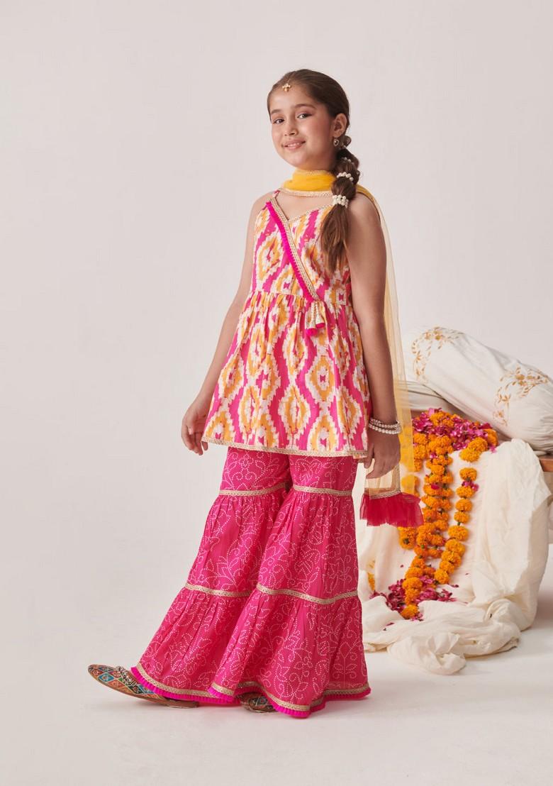 Orange Printed Kurta With Sharara And Dupatta (Set of 3)