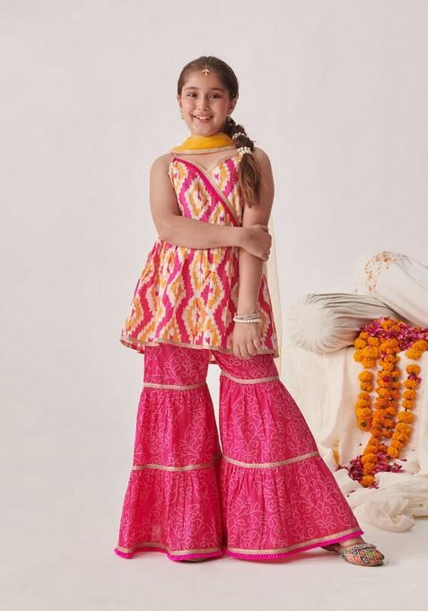 Orange Printed Kurta With Sharara And Dupatta (Set of 3)