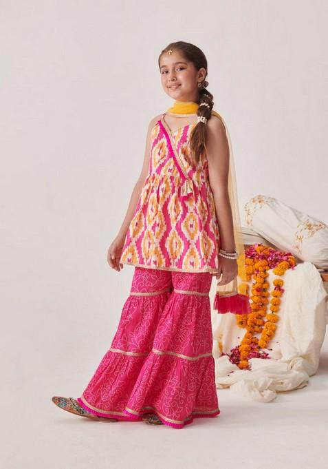 Orange Printed Kurta With Sharara And Dupatta (Set of 3)