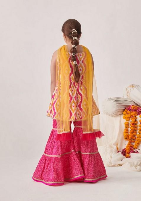 Orange Printed Kurta With Sharara And Dupatta (Set of 3)