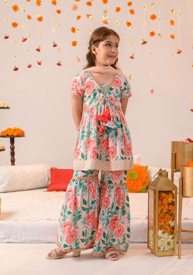 Peach Printed Kurta With Sharara And Dupatta (Set of 3) - Indya