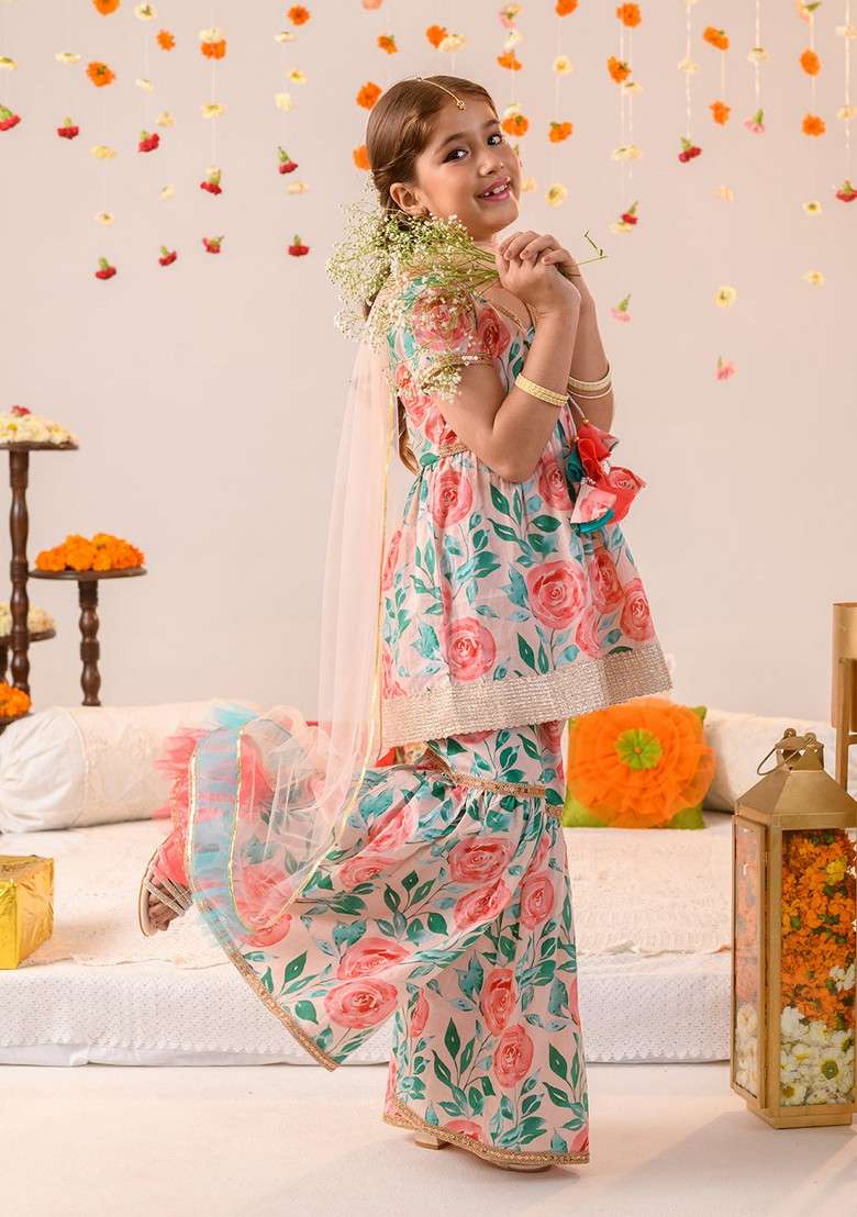 Peach Printed Kurta With Sharara And Dupatta (Set of 3) - Indya