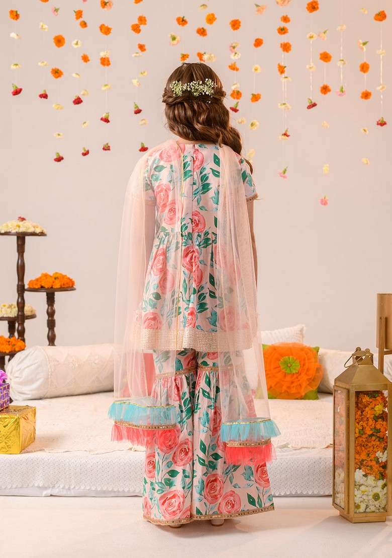 Peach Printed Kurta With Sharara And Dupatta (Set of 3) - Indya