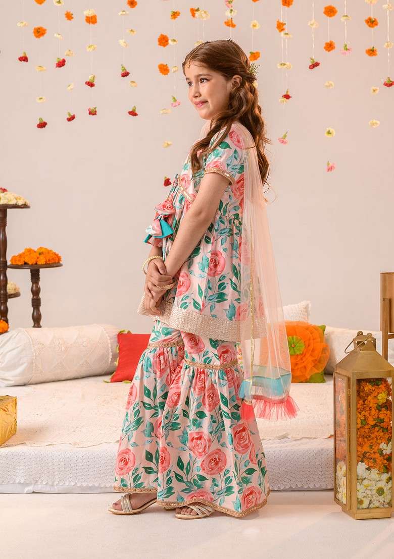 Peach Printed Kurta With Sharara And Dupatta (Set of 3) - Indya