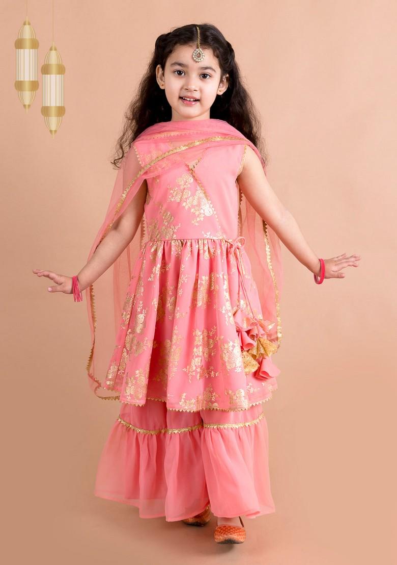 Peach Printed Kurta With Sharara And Dupatta (Set of 3)