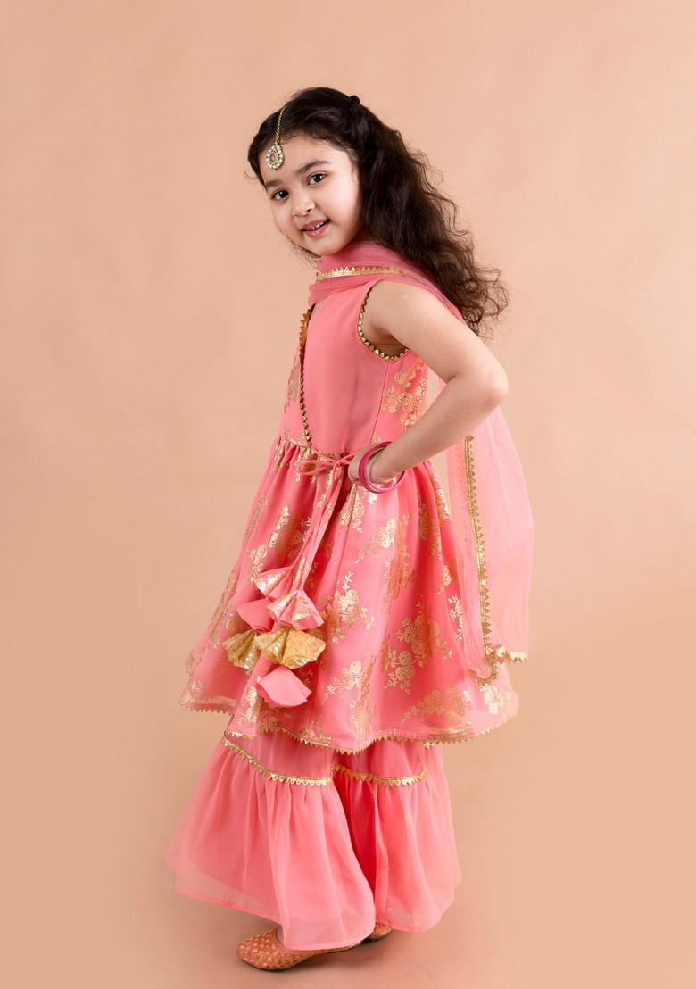 Peach Printed Kurta With Sharara And Dupatta (Set of 3)