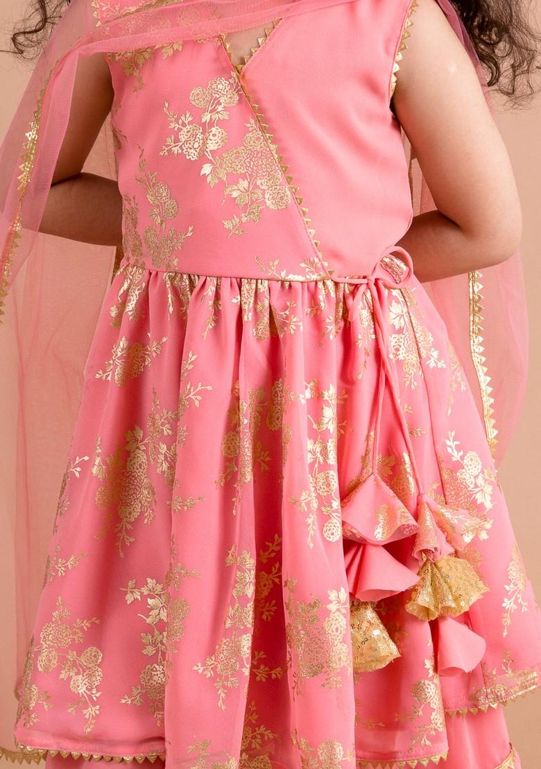 Peach Printed Kurta With Sharara And Dupatta (Set of 3)