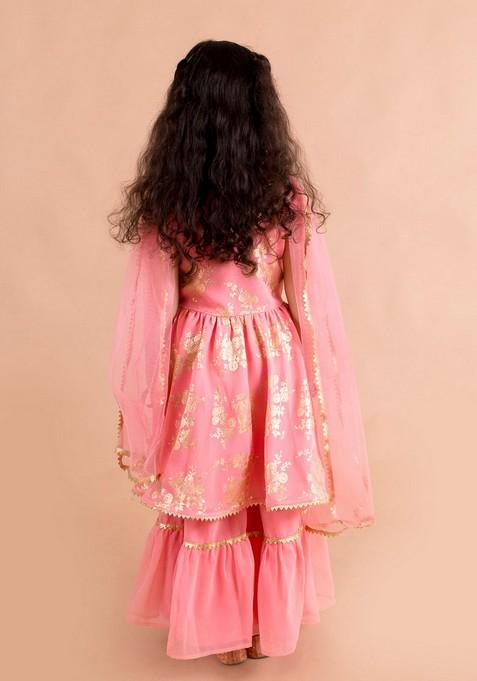 Peach Printed Kurta With Sharara And Dupatta (Set of 3)