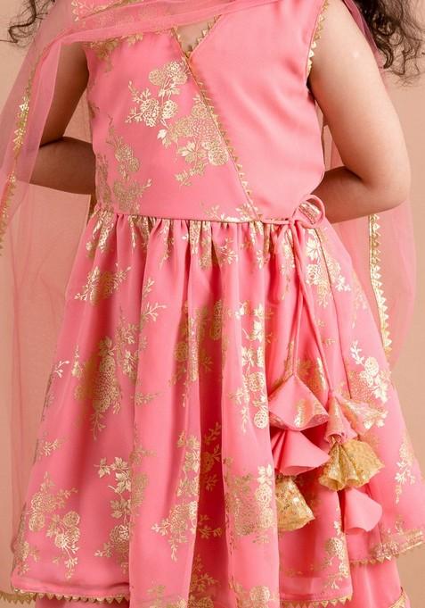 Peach Printed Kurta With Sharara And Dupatta (Set of 3)