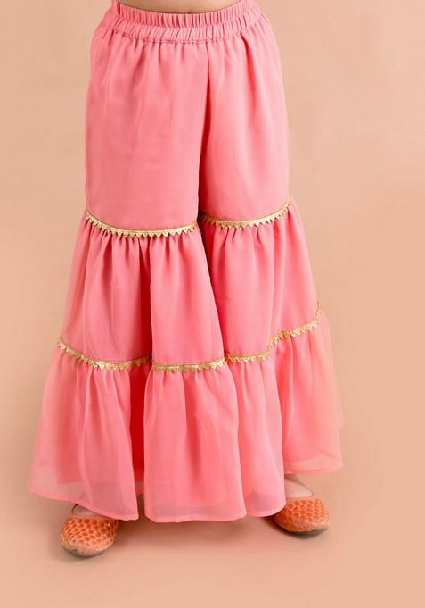 Peach Printed Kurta With Sharara And Dupatta (Set of 3)