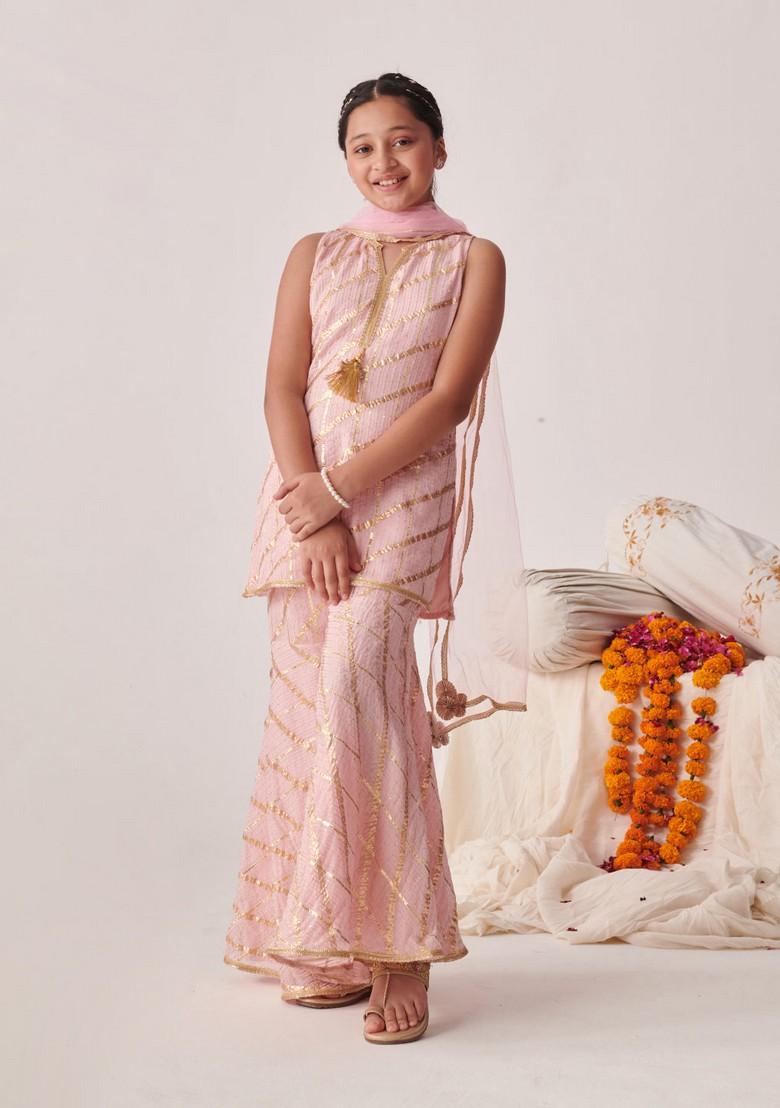 Peach Kurta With Sharara And Dupatta (Set of 3)