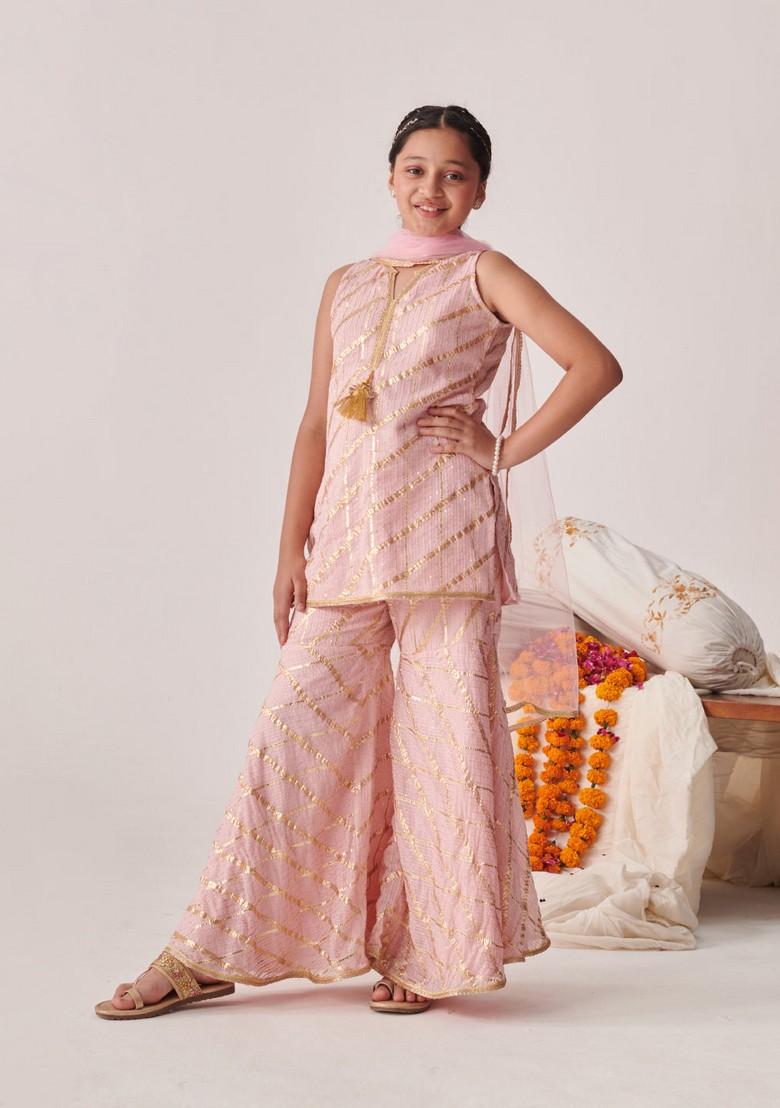 Peach Kurta With Sharara And Dupatta (Set of 3)