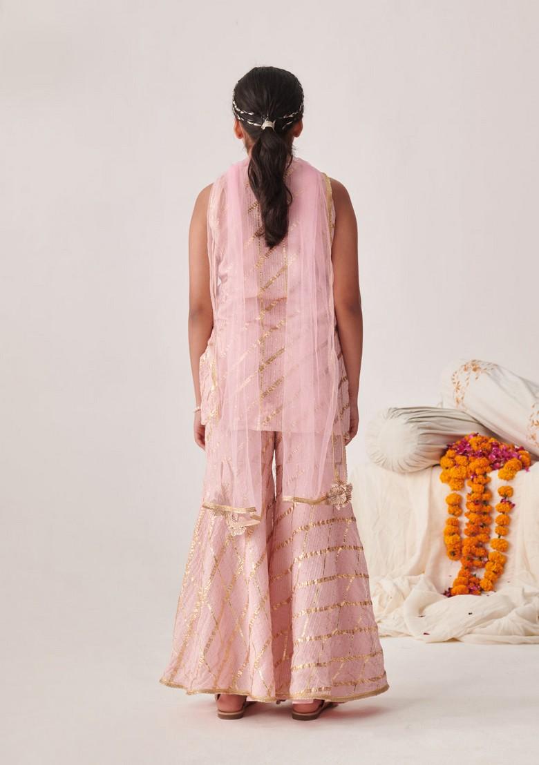 Peach Kurta With Sharara And Dupatta (Set of 3)