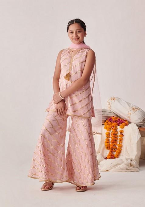 Peach Kurta With Sharara And Dupatta (Set of 3)