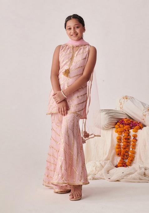 Peach Kurta With Sharara And Dupatta (Set of 3)