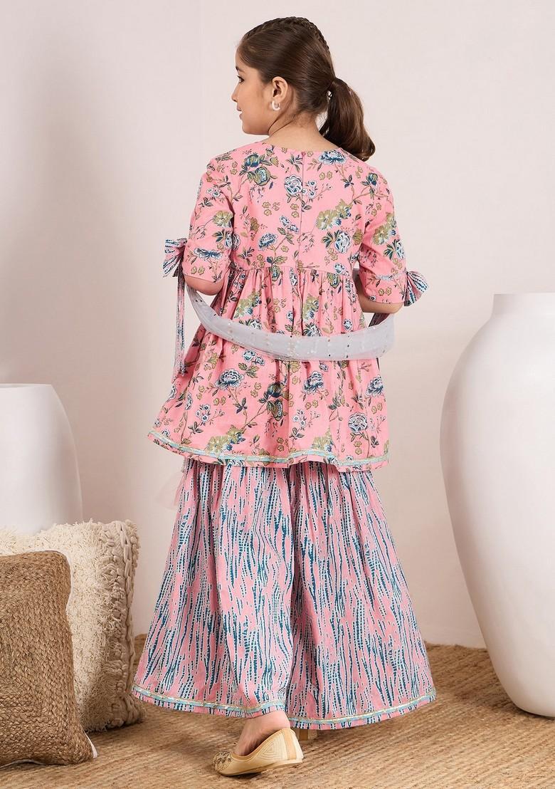 Peach Printed Kurta With Sharara And Dupatta (Set of 3)