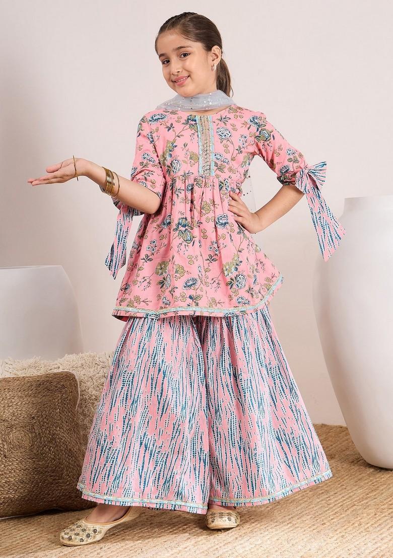 Peach Printed Kurta With Sharara And Dupatta (Set of 3)