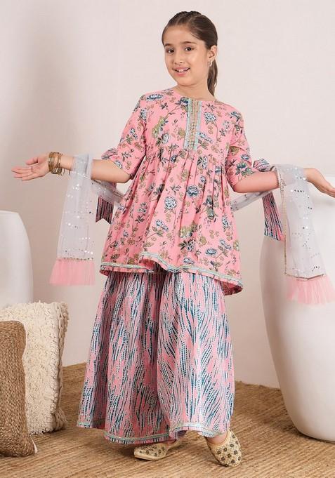 Peach Printed Kurta With Sharara And Dupatta (Set of 3)