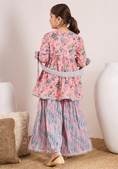 Peach Printed Kurta With Sharara And Dupatta (Set of 3)