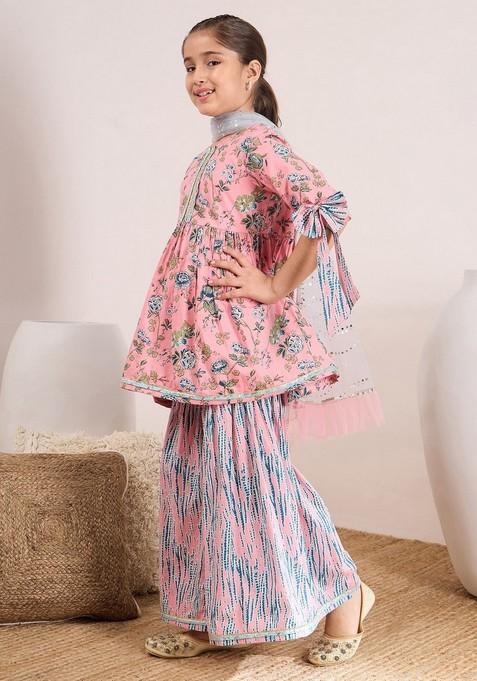 Peach Printed Kurta With Sharara And Dupatta (Set of 3)