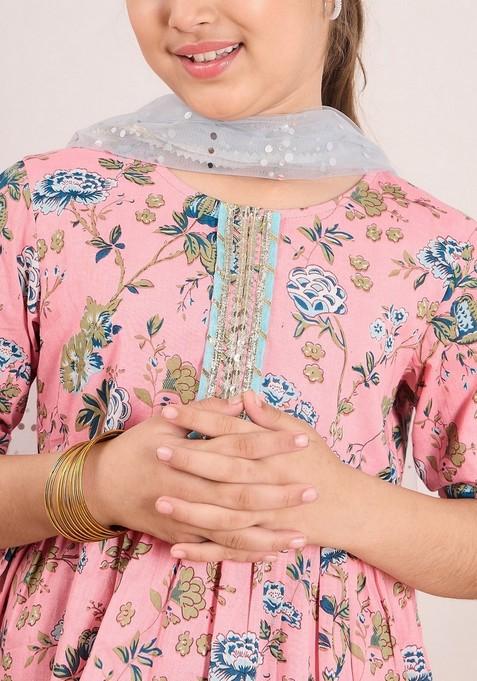 Peach Printed Kurta With Sharara And Dupatta (Set of 3)