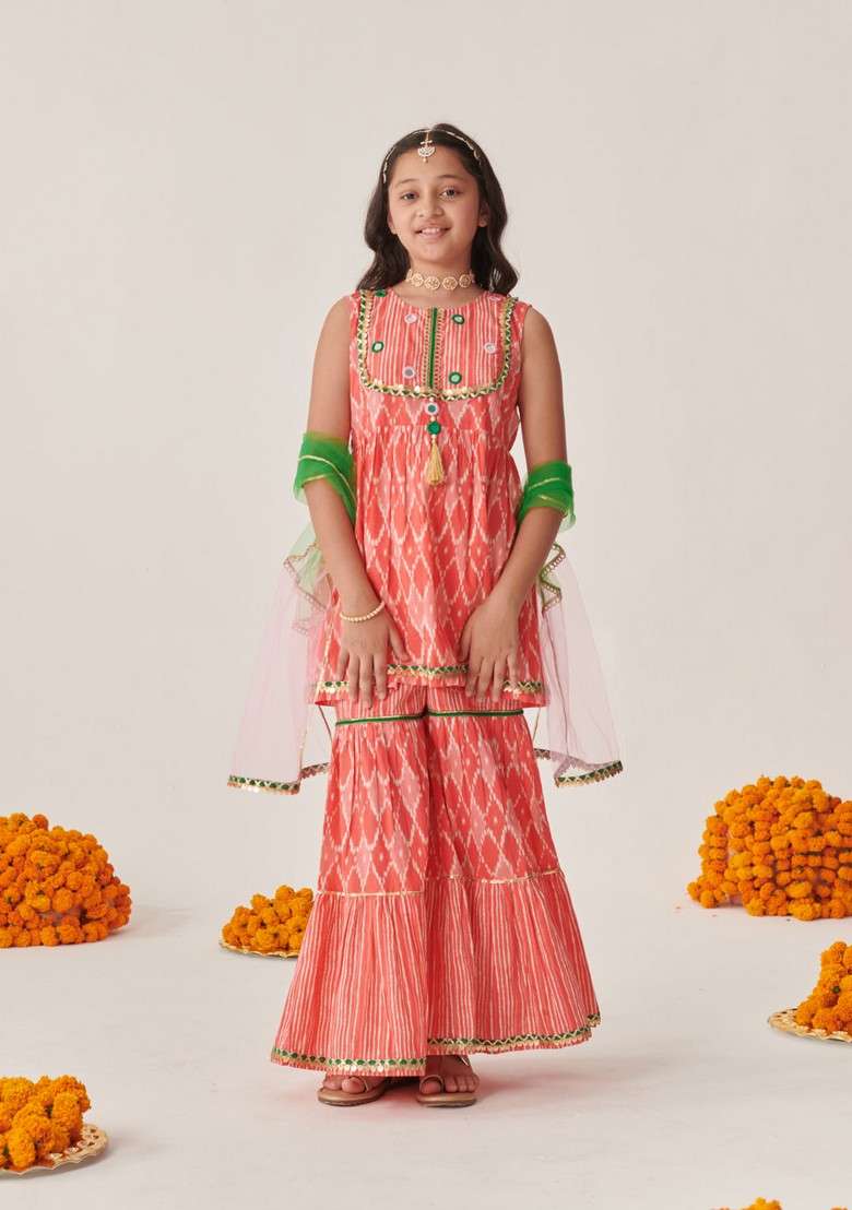Peach Motifs Embroidered Kurta With Sharara And Dupatta (Set of 3) - Indya