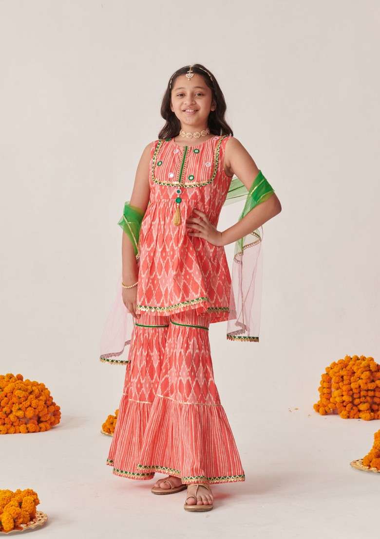 Peach Motifs Embroidered Kurta With Sharara And Dupatta (Set of 3) - Indya