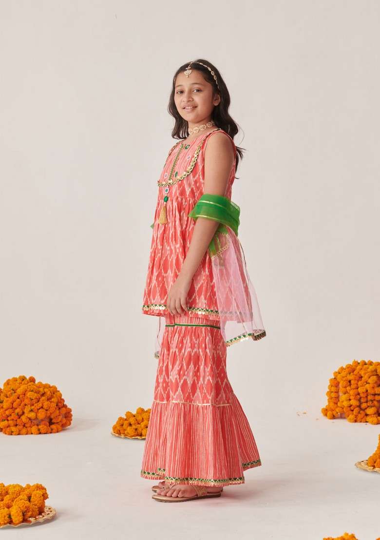 Peach Motifs Embroidered Kurta With Sharara And Dupatta (Set of 3) - Indya