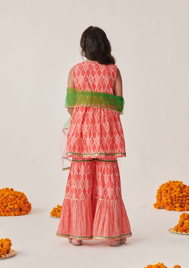 Peach Motifs Embroidered Kurta With Sharara And Dupatta (Set of 3) - Indya