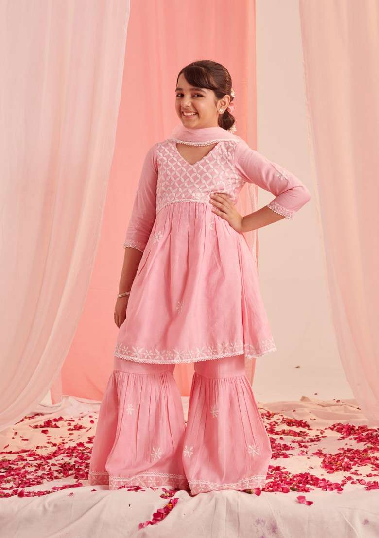 Pink Floral Embroidered Kurta With Sharara And Dupatta (Set of 3) - Indya