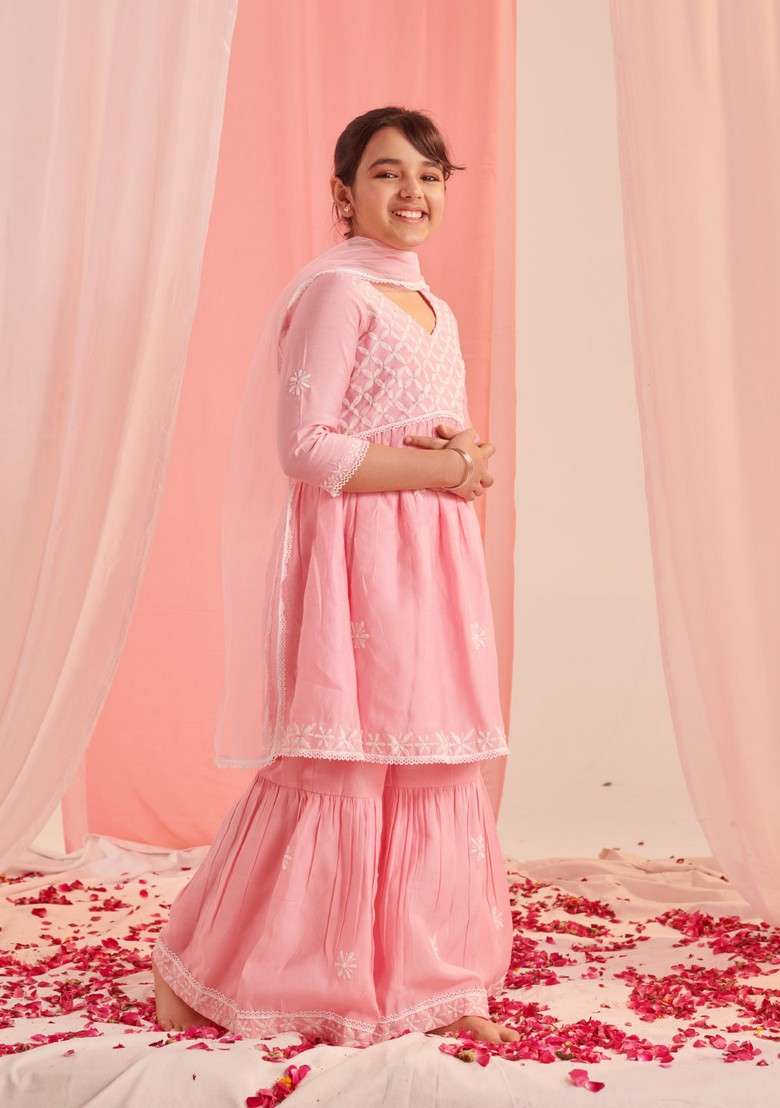 Pink Floral Embroidered Kurta With Sharara And Dupatta (Set of 3) - Indya
