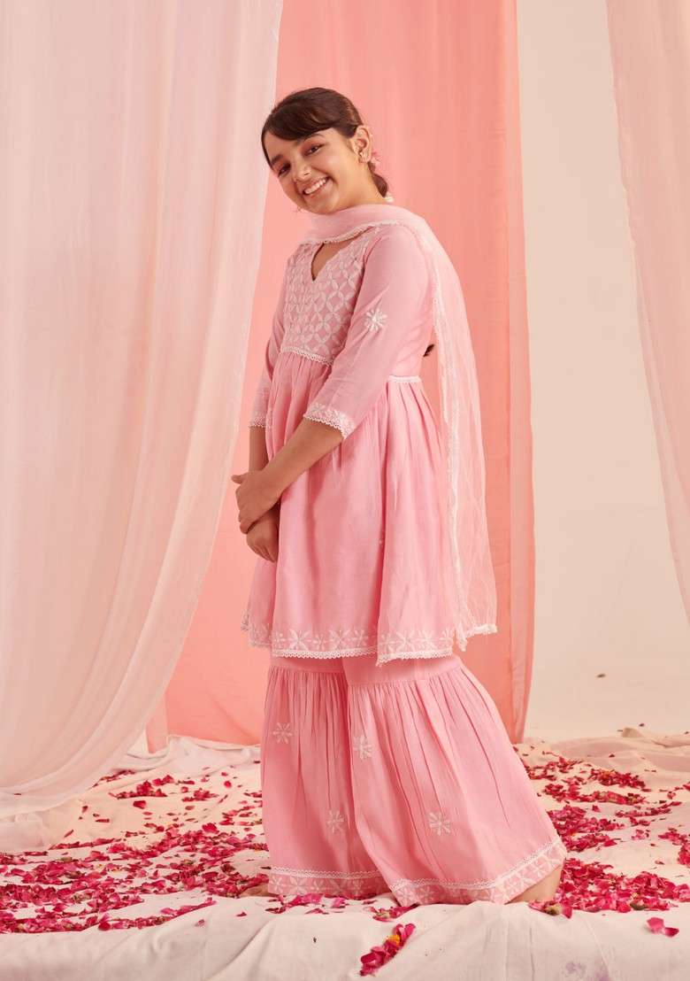 Pink Floral Embroidered Kurta With Sharara And Dupatta (Set of 3) - Indya
