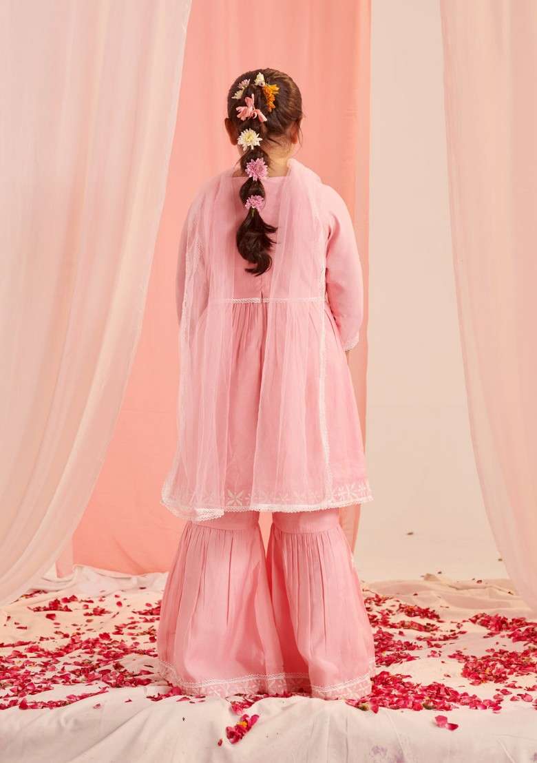Pink Floral Embroidered Kurta With Sharara And Dupatta (Set of 3) - Indya