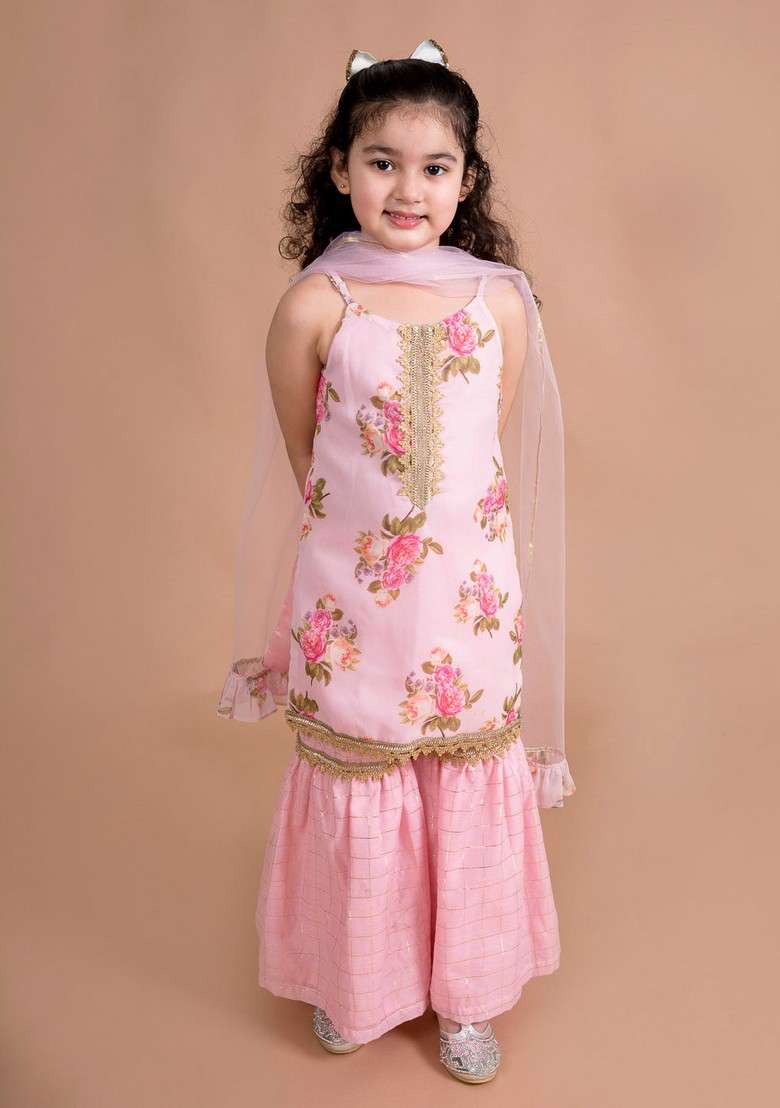 Pink Printed Kurta With Sharara And Dupatta (Set of 3) - Indya