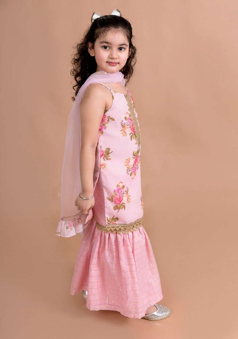 Pink Printed Kurta With Sharara And Dupatta (Set of 3) - Indya
