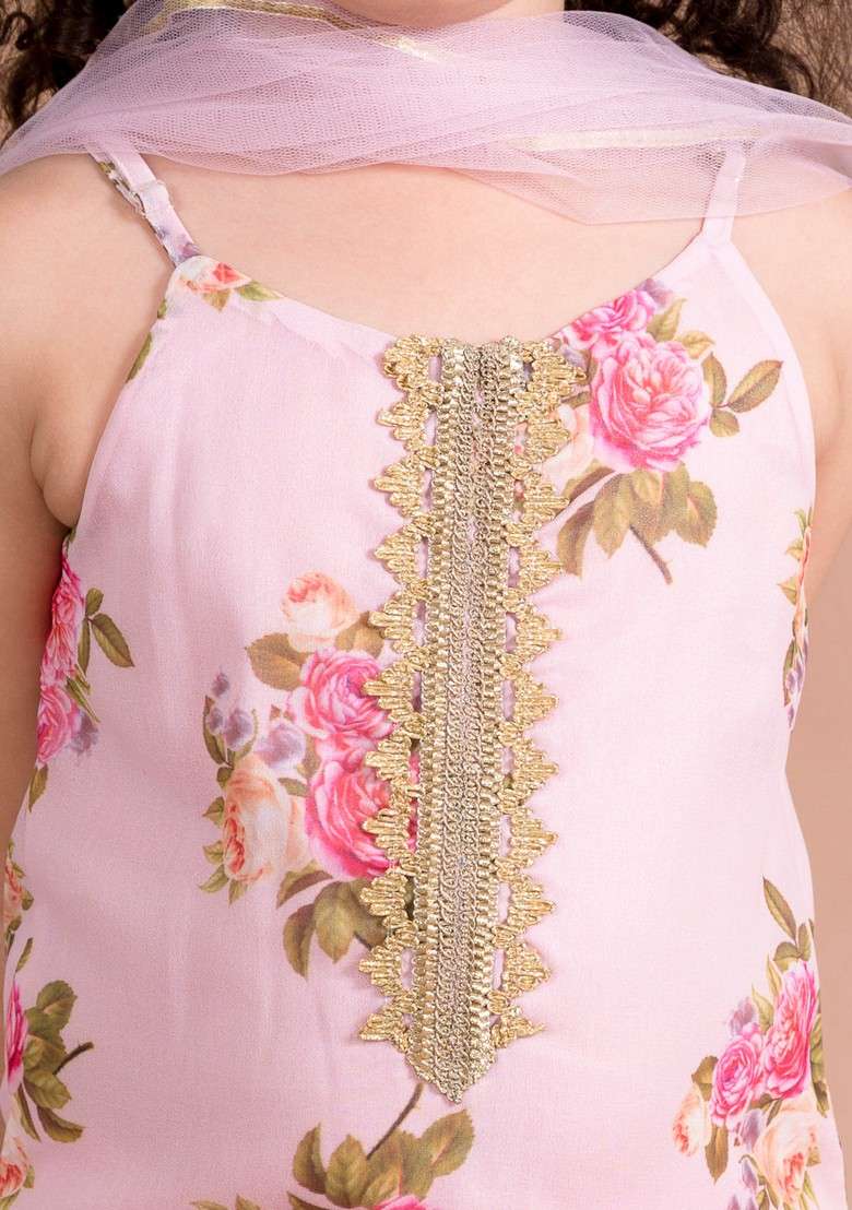 Pink Printed Kurta With Sharara And Dupatta (Set of 3) - Indya