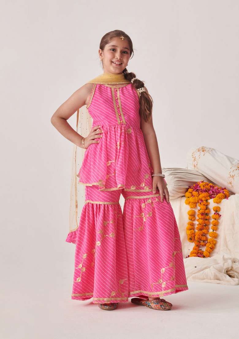 Pink Printed Kurta With Sharara And Dupatta (Set of 3) - Indya