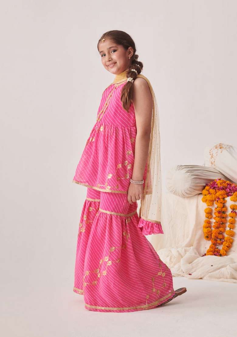 Pink Printed Kurta With Sharara And Dupatta (Set of 3) - Indya