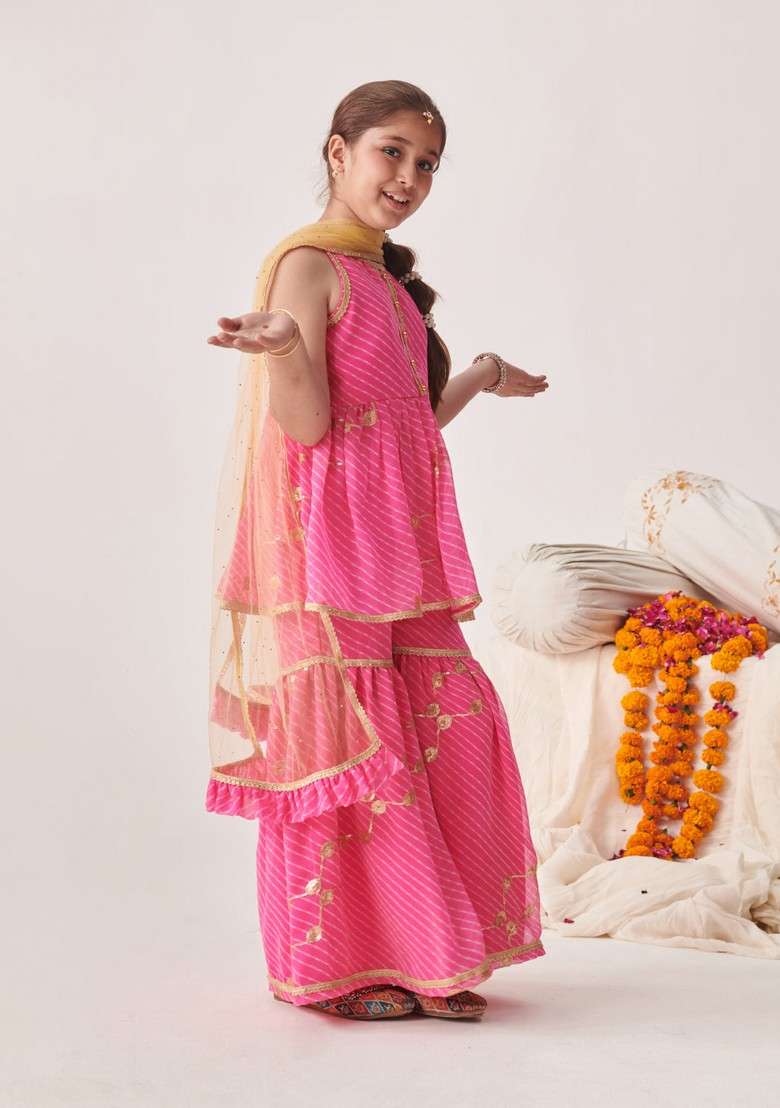 Pink Printed Kurta With Sharara And Dupatta (Set of 3) - Indya
