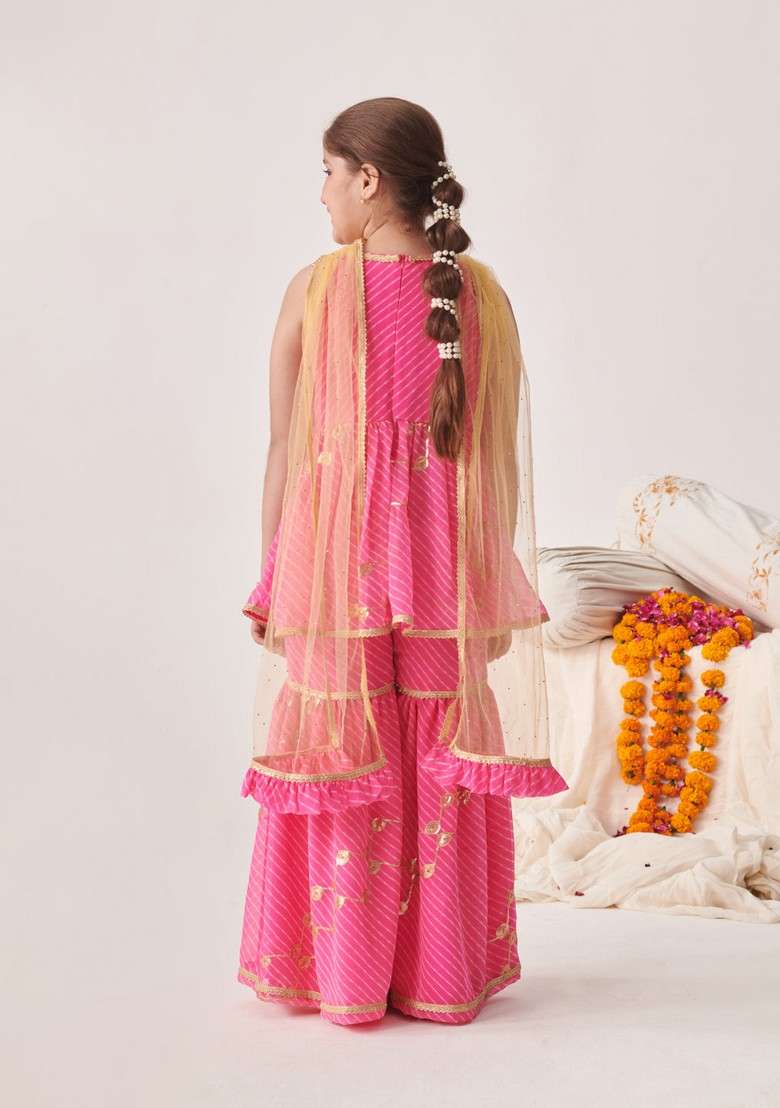Pink Printed Kurta With Sharara And Dupatta (Set of 3) - Indya