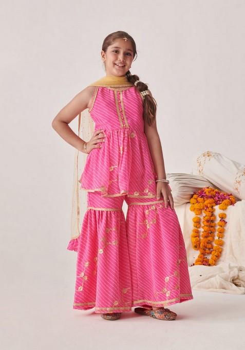 Pink Printed Kurta With Sharara And Dupatta (Set of 3)