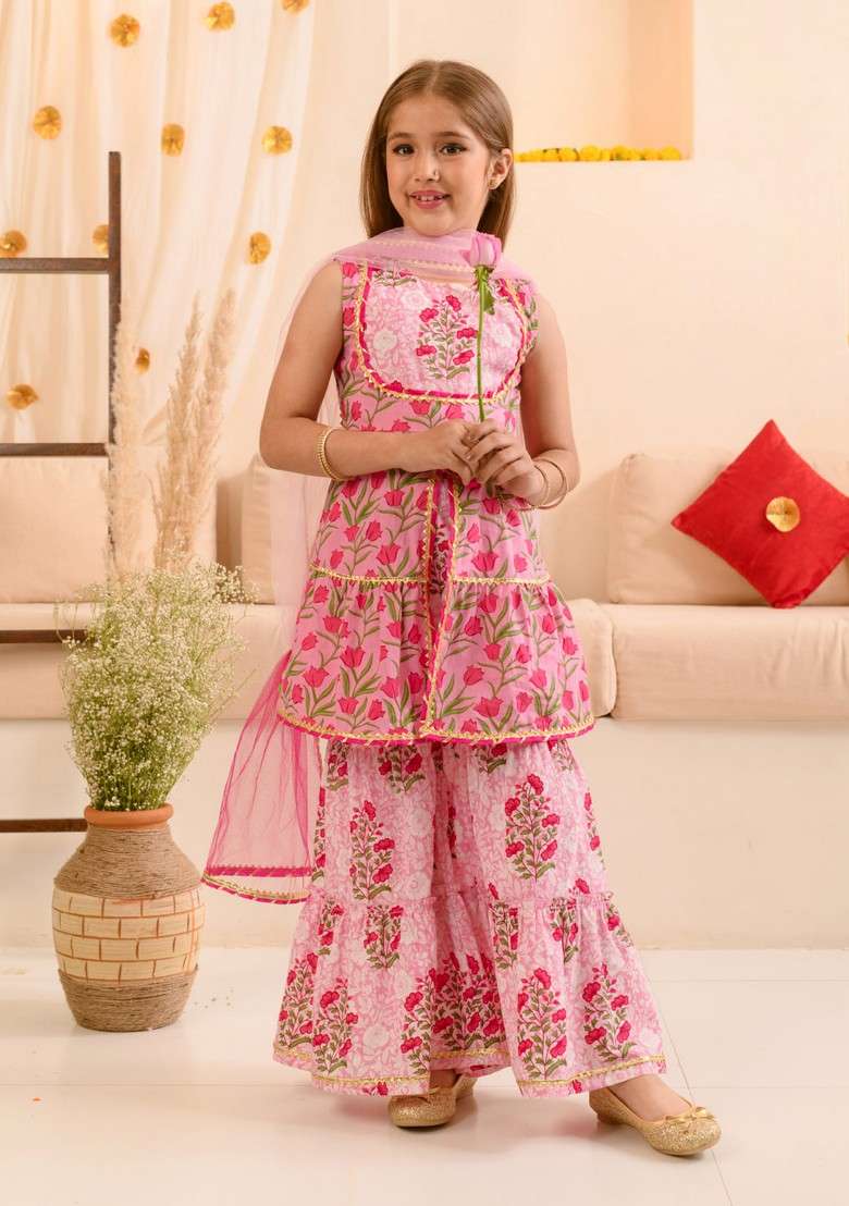 Pink Printed Kurta With Sharara And Dupatta (Set of 3) - Indya