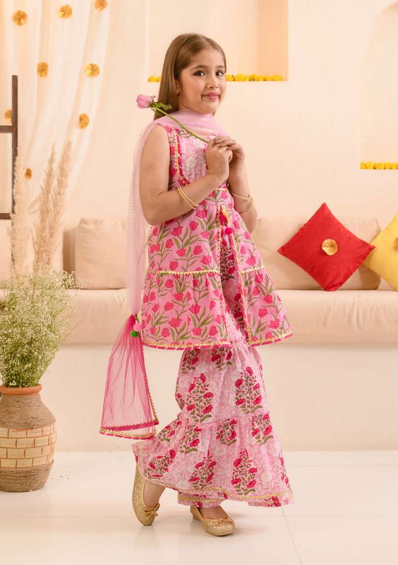 Pink Printed Kurta With Sharara And Dupatta (Set of 3) - Indya
