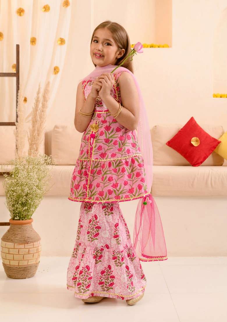 Pink Printed Kurta With Sharara And Dupatta (Set of 3) - Indya