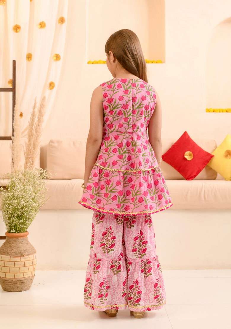 Pink Printed Kurta With Sharara And Dupatta (Set of 3) - Indya